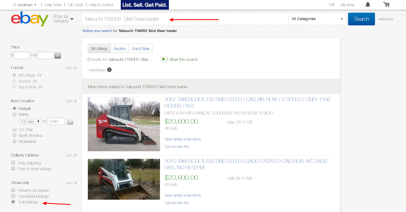 Ebay's skid steer page